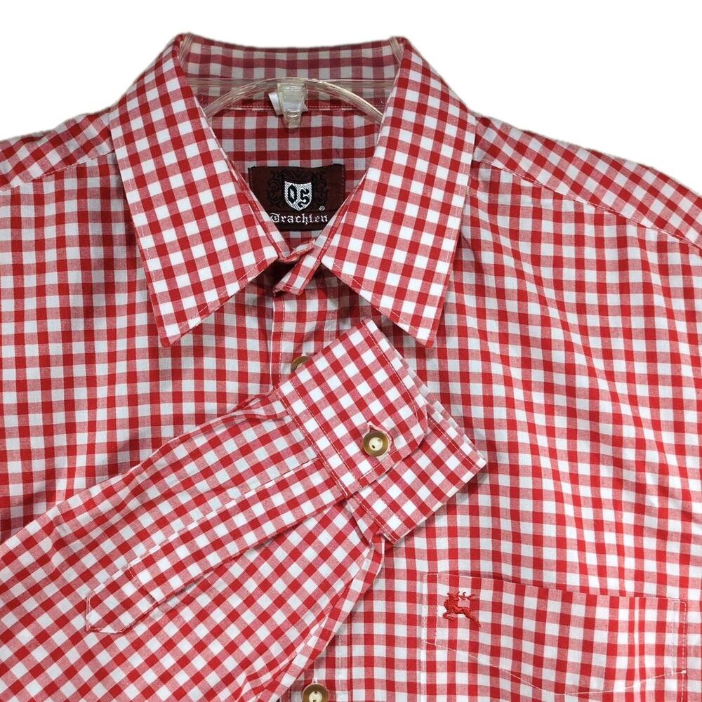 Vintage Trachten Shirt Men’s S Red White Gingham Cotton Button Down Long Sleeve